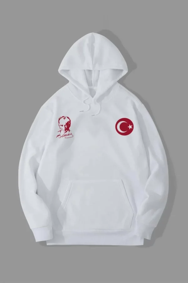 10 Kasıma Özel Üç İplik Kapüşonlu Baskılı SweatShirt - Beyaz