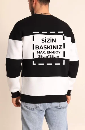 Bisiklet Yaka Parçalı Özel Üretim Sweatshirt- Siyah