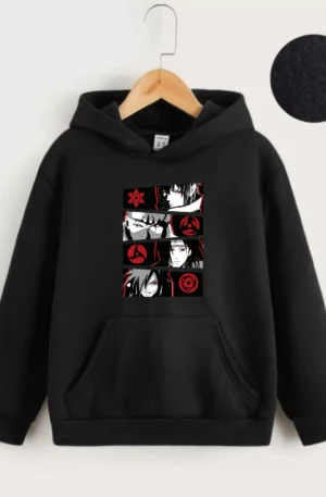 Çocuk Unisex Kapüşonlu Anime Baskılı Sweatshirt - Siyah