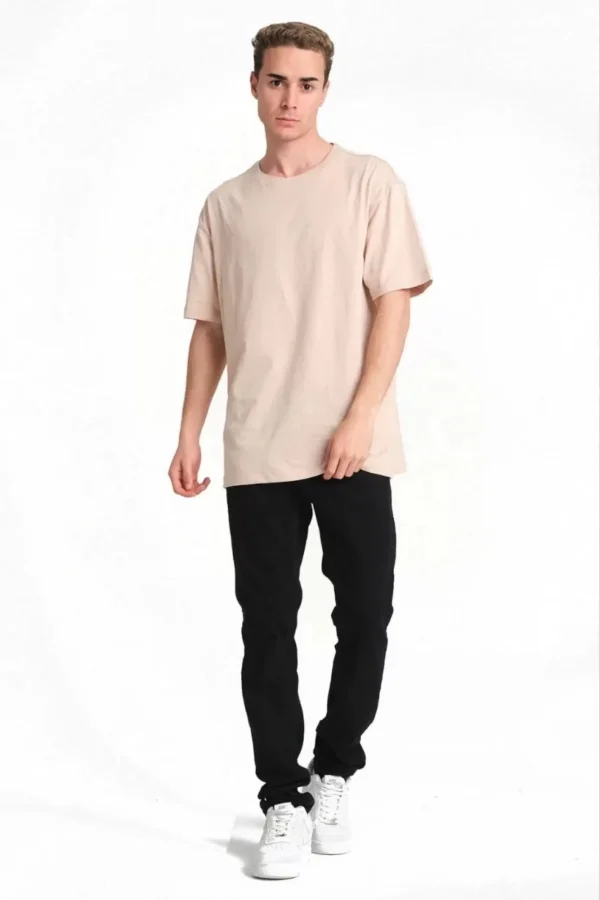 Erkek 24/1 Düz A Kalite Oversize T-shirt - Bej