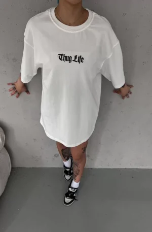 Unisex Bisiklet Yaka Baskılı Oversize T-Shirt - Beyaz