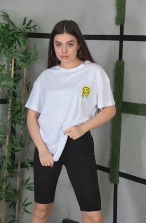 Unisex Bisiklet Yaka Baskılı Oversize T-Shirt - Beyaz