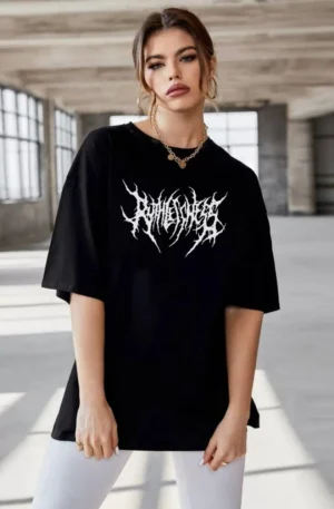 Unisex Bisiklet Yaka Baskılı Oversize T-Shirt - Siyah