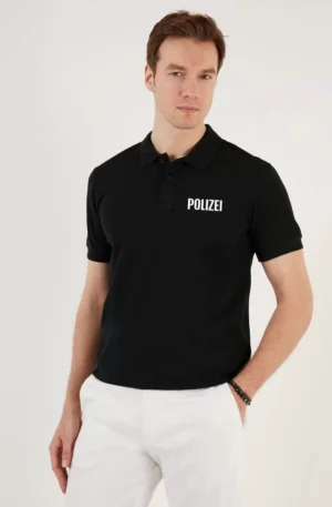 Yakası Düğmeli Yakalı Pike Baskılı T-Shirt - Siyah