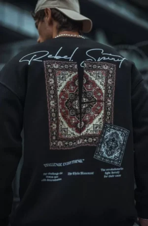 Uzun Kol Bisiklet Yaka Baskılı SweatShirt - Siyah